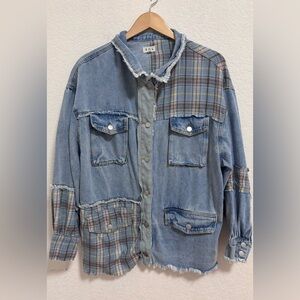 POL oversized plaid denim shacket
